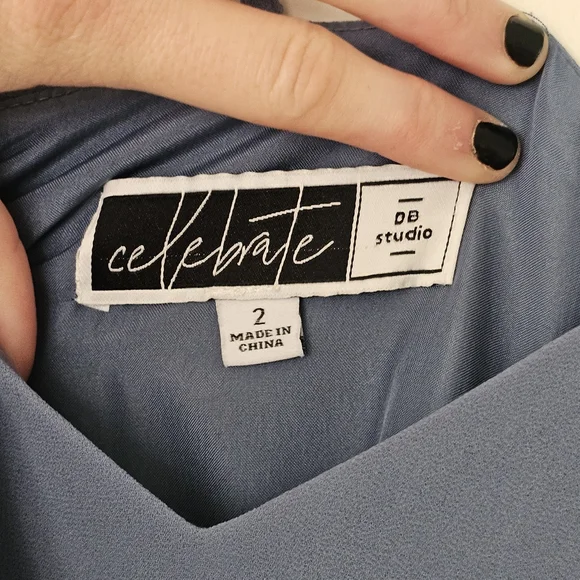 David's Bridal Chiffon Steel BLUE Maxi Dress W Pockets - Picture 4 of 8